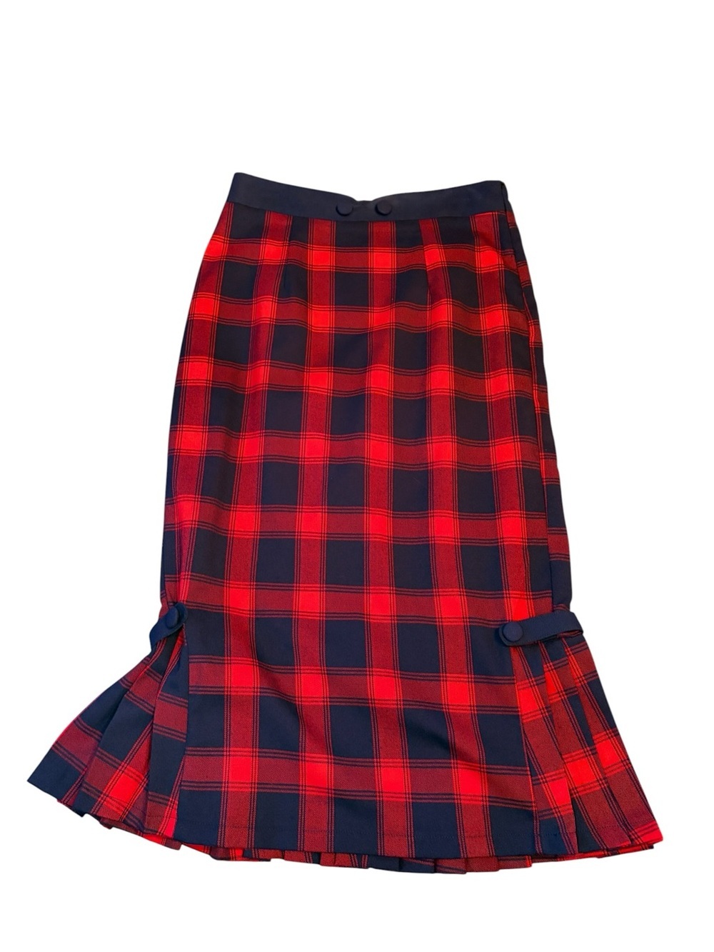Voodoo Vixen Red and Navy Plaid Midi Skirt with Flared Hem